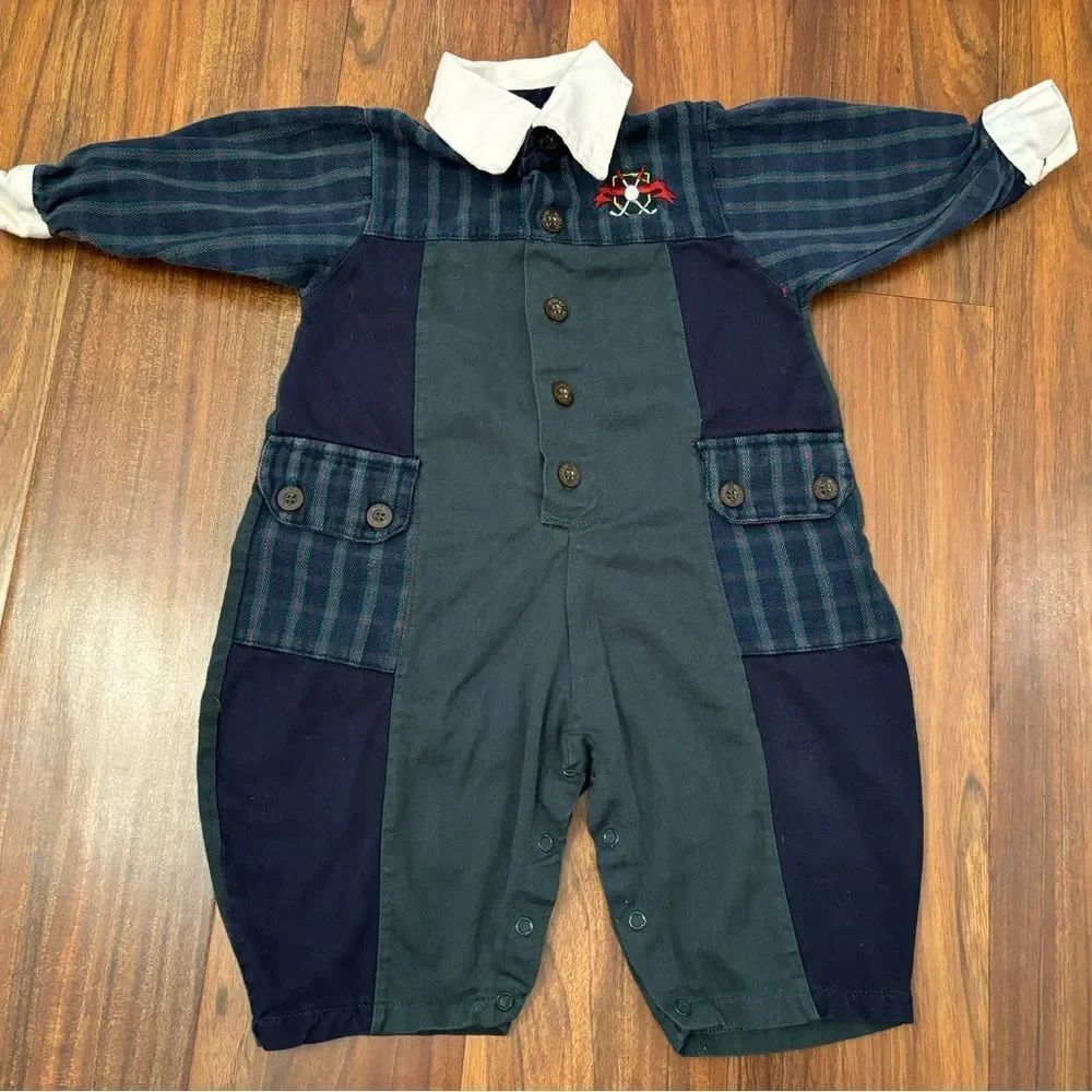 McKids McDonalds vintage golf emblem green/navy plaid patchwork jumpsuit